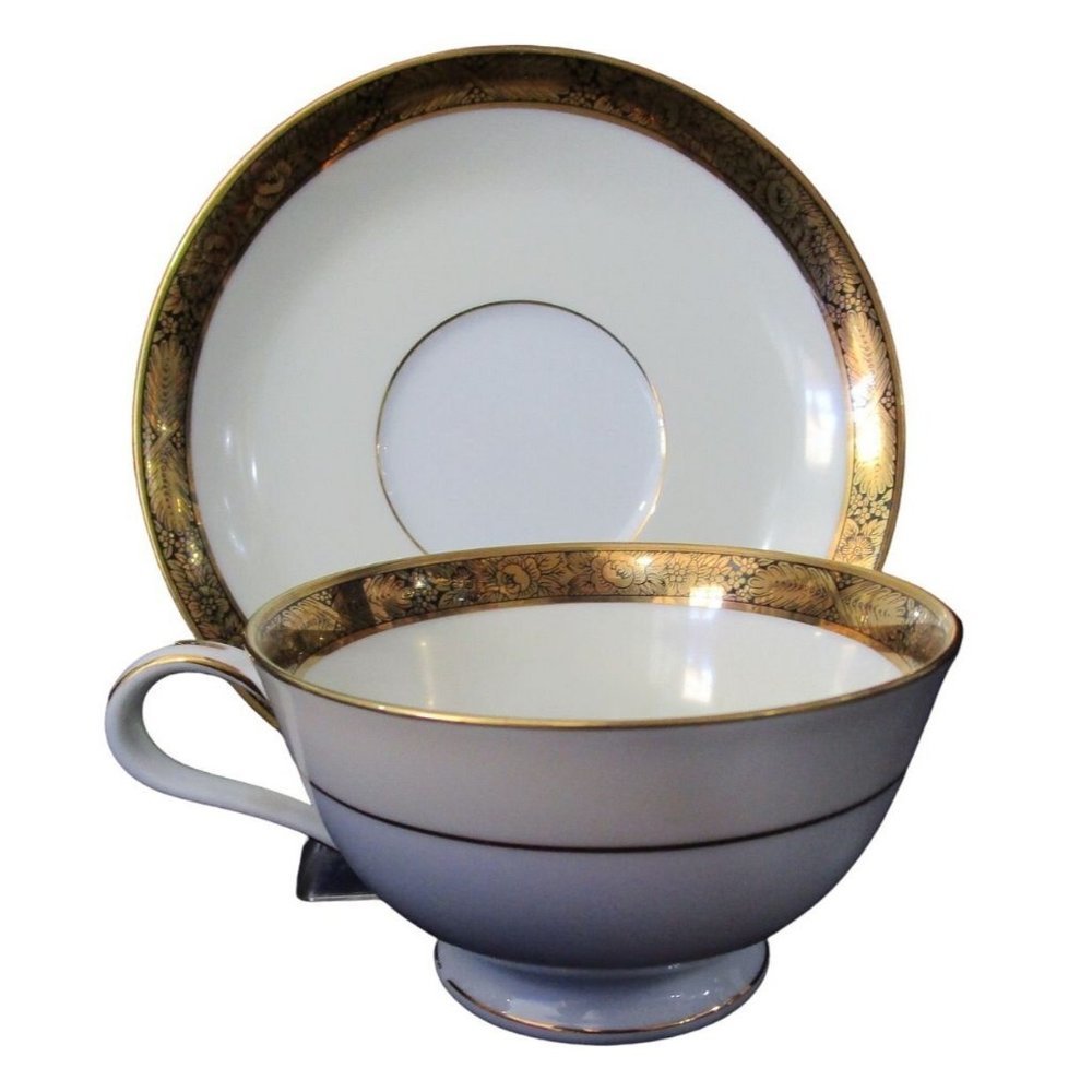 Noritake Goldkin Cup and Saucer Set Gold Floral Bands on Ivory White 1933